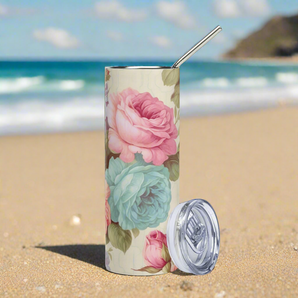 Southern Belle & Sea™ floral stainless steel tumbler with blush and blue watercolor flowers, reusable insulated travel cup with straw and lid