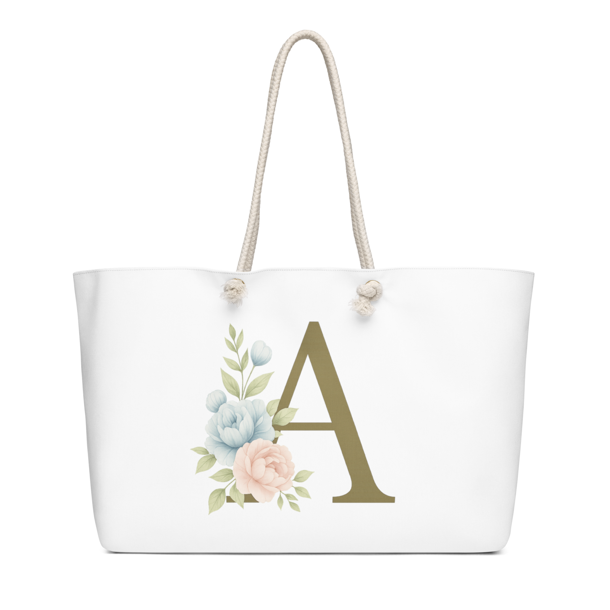 Southern Belle & Sea™ oversized weekender bag with monogram letter A and pastel floral design, white background