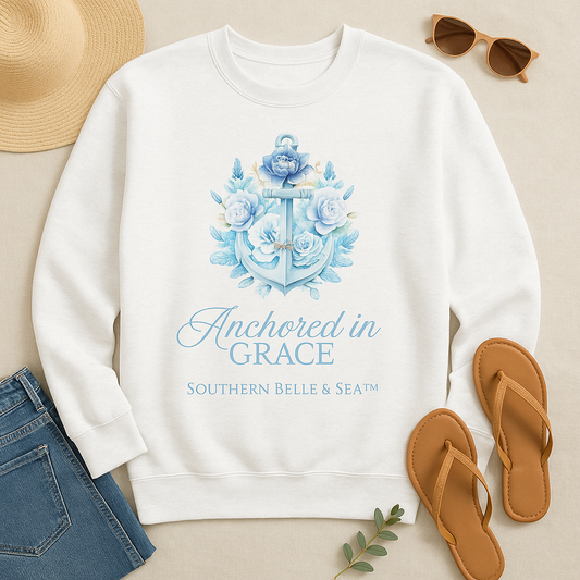 Anchored in Grace Premium Sweatshirt | White sweatshirt styled with sandals, hat, and sunglasses, coastal lifestyle by Southern Belle & Sea™