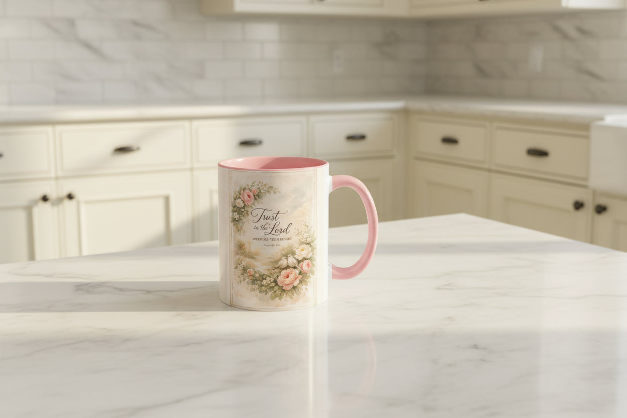 Angled view of Trust in the Lord Scripture mug featuring romantic florals and soft pink handle