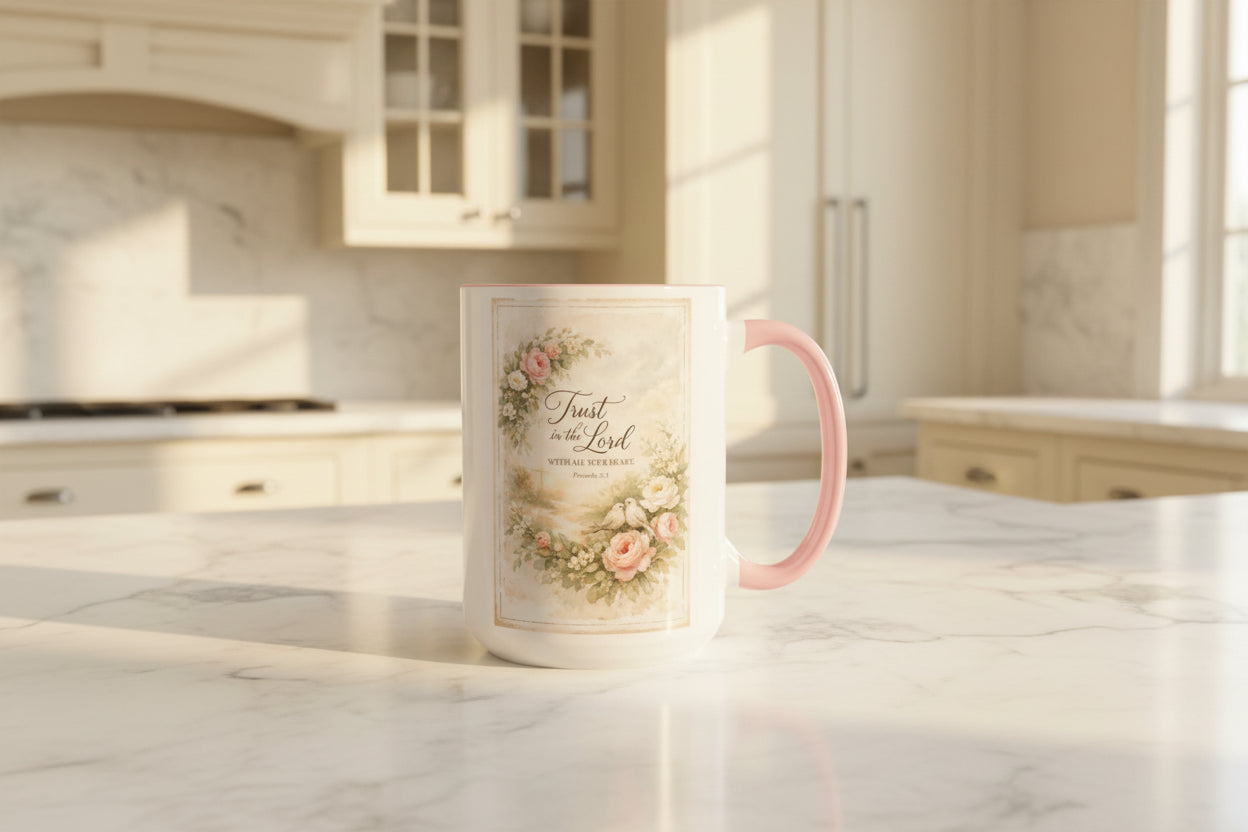 Close-up of blush pink handle on Trust in the Lord faith-based ceramic mug
