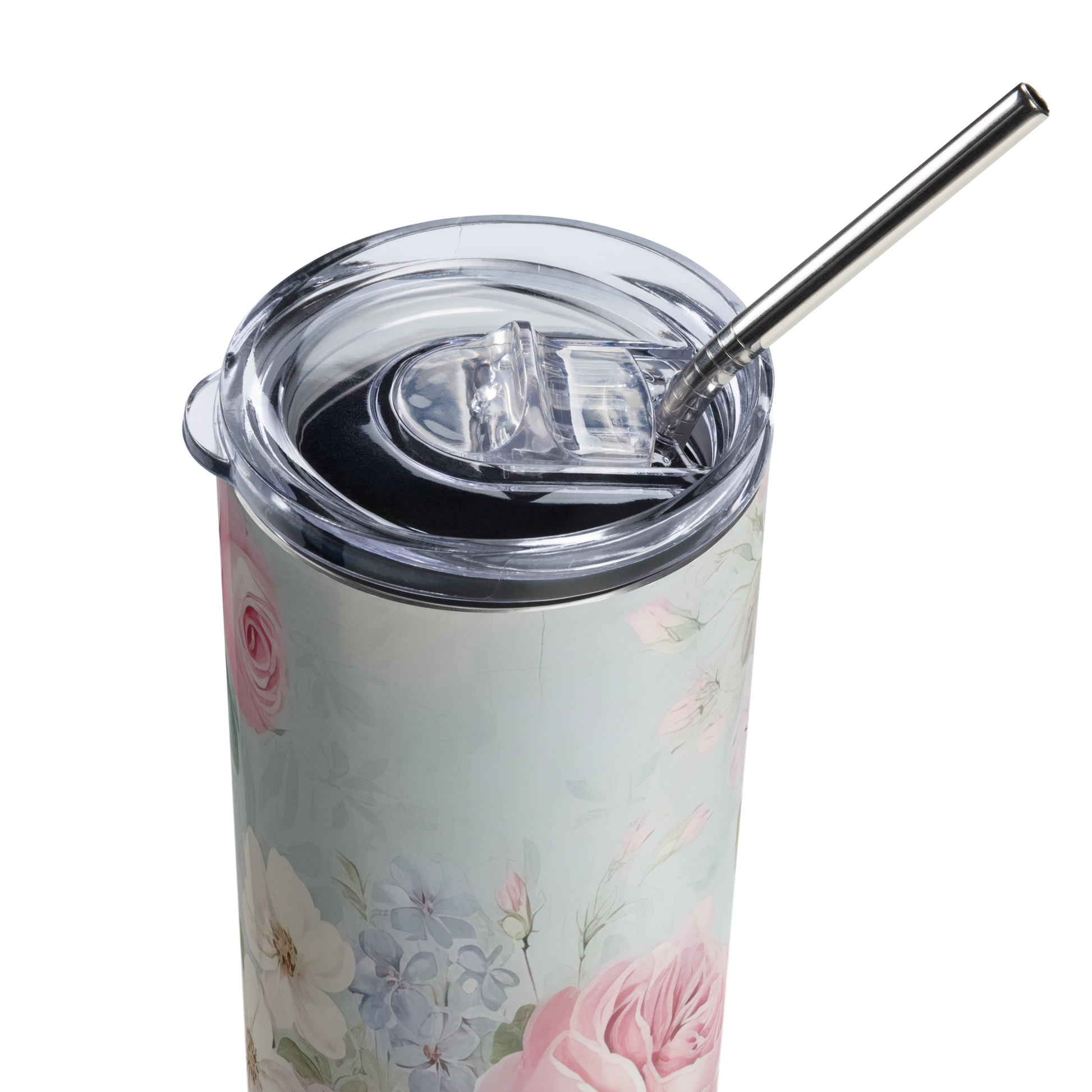 Slim stainless steel tumbler with romantic rose and blue floral print, displayed on a light background with leaf shadows.