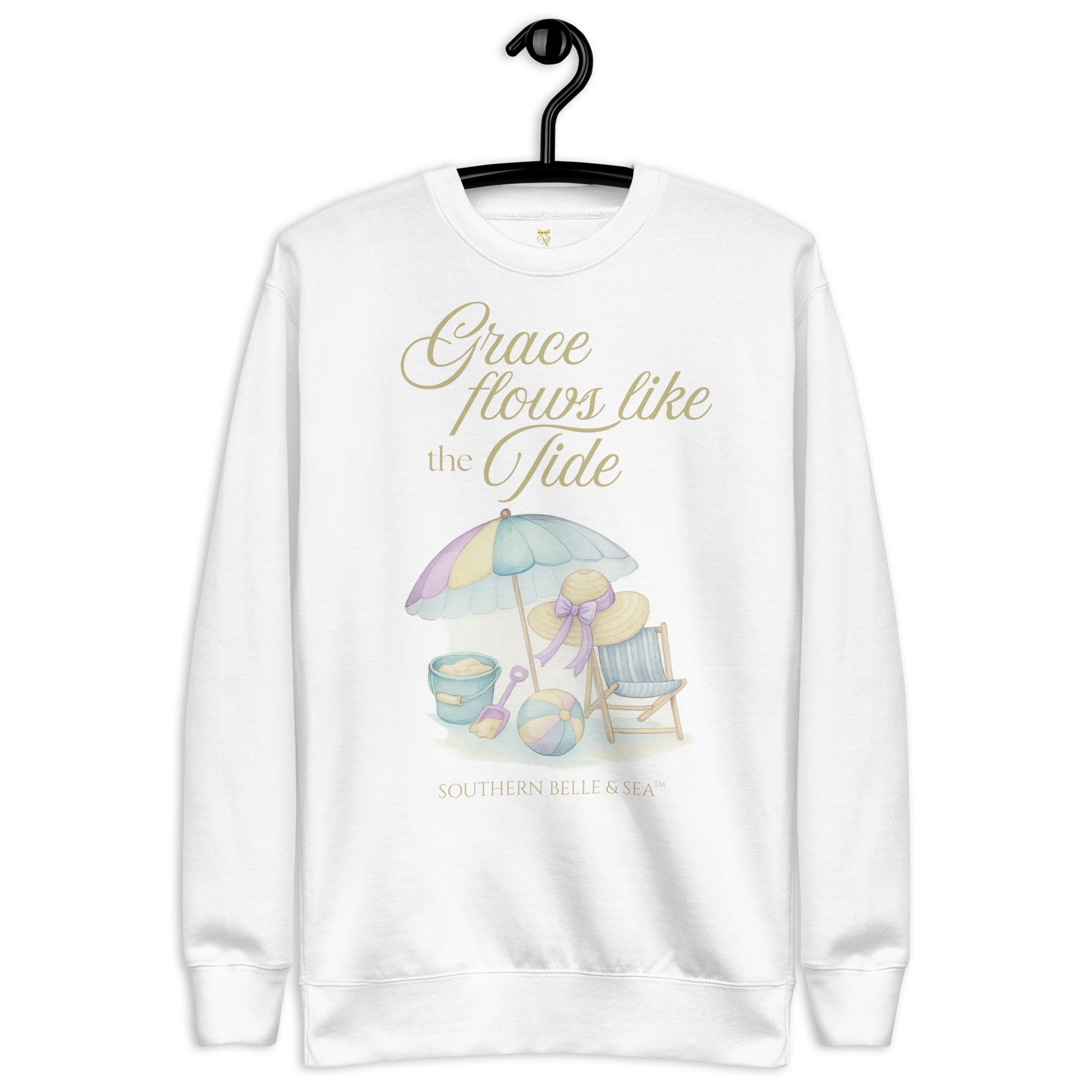 white sweatshirt reading “Grace Flows Like the Tide” by Southern Belle & Sea™