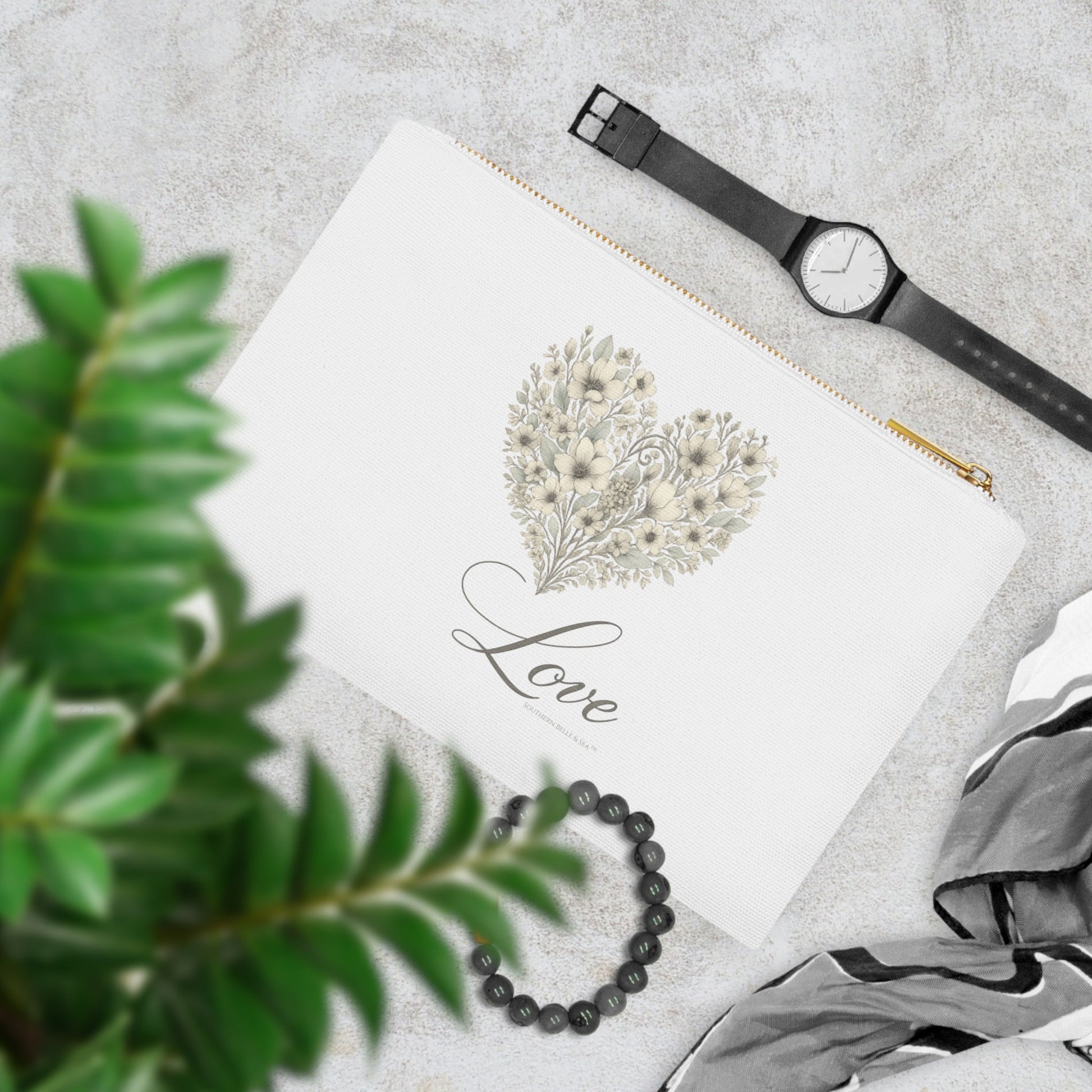 Vintage Botanical Greenery Heart “Love” Cosmetic Bag – 7” × 9.5” Zippered Pouch | Southern Belle & Sea™ - Southern Belle & Sea