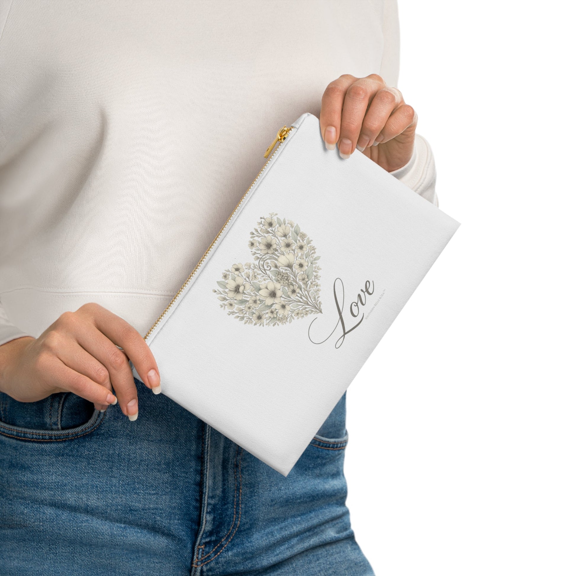 Vintage Botanical Greenery Heart “Love” Cosmetic Bag – 7” × 9.5” Zippered Pouch | Southern Belle & Sea™ - Southern Belle & Sea