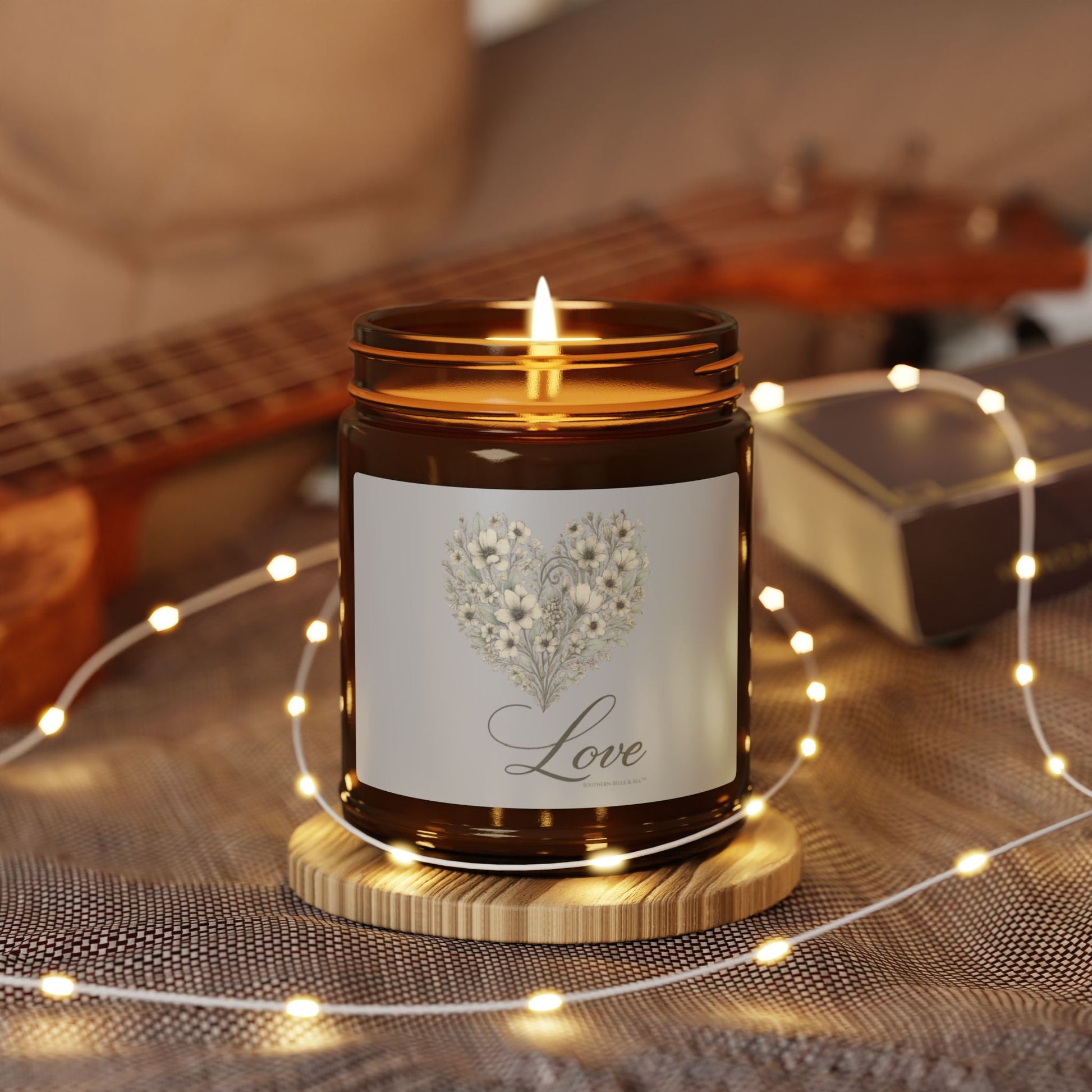 Vintage Botanical Greenery Heart “Love” Soy Candle — Amber Glass Jar (4oz & 9oz) | Southern Belle & Sea™ - Southern Belle & Sea
