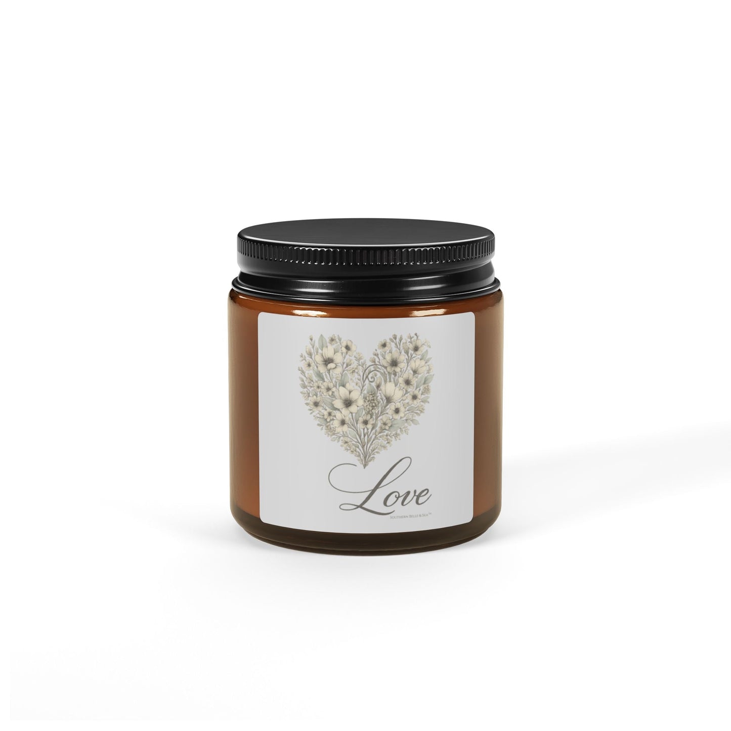 Vintage Botanical Greenery Heart “Love” Soy Candle — Amber Glass Jar (4oz & 9oz) | Southern Belle & Sea™ - Southern Belle & Sea