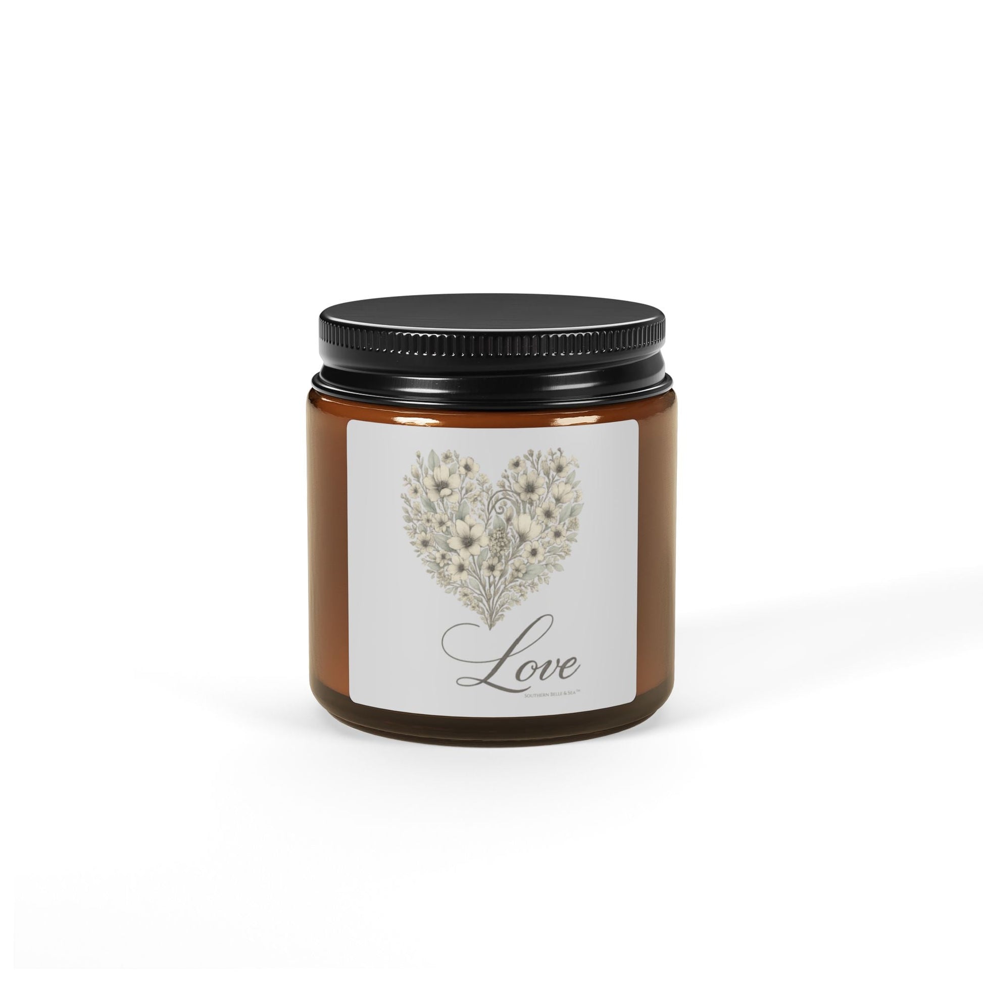 Vintage Botanical Greenery Heart “Love” Soy Candle — Amber Glass Jar (4oz & 9oz) | Southern Belle & Sea™ - Southern Belle & Sea