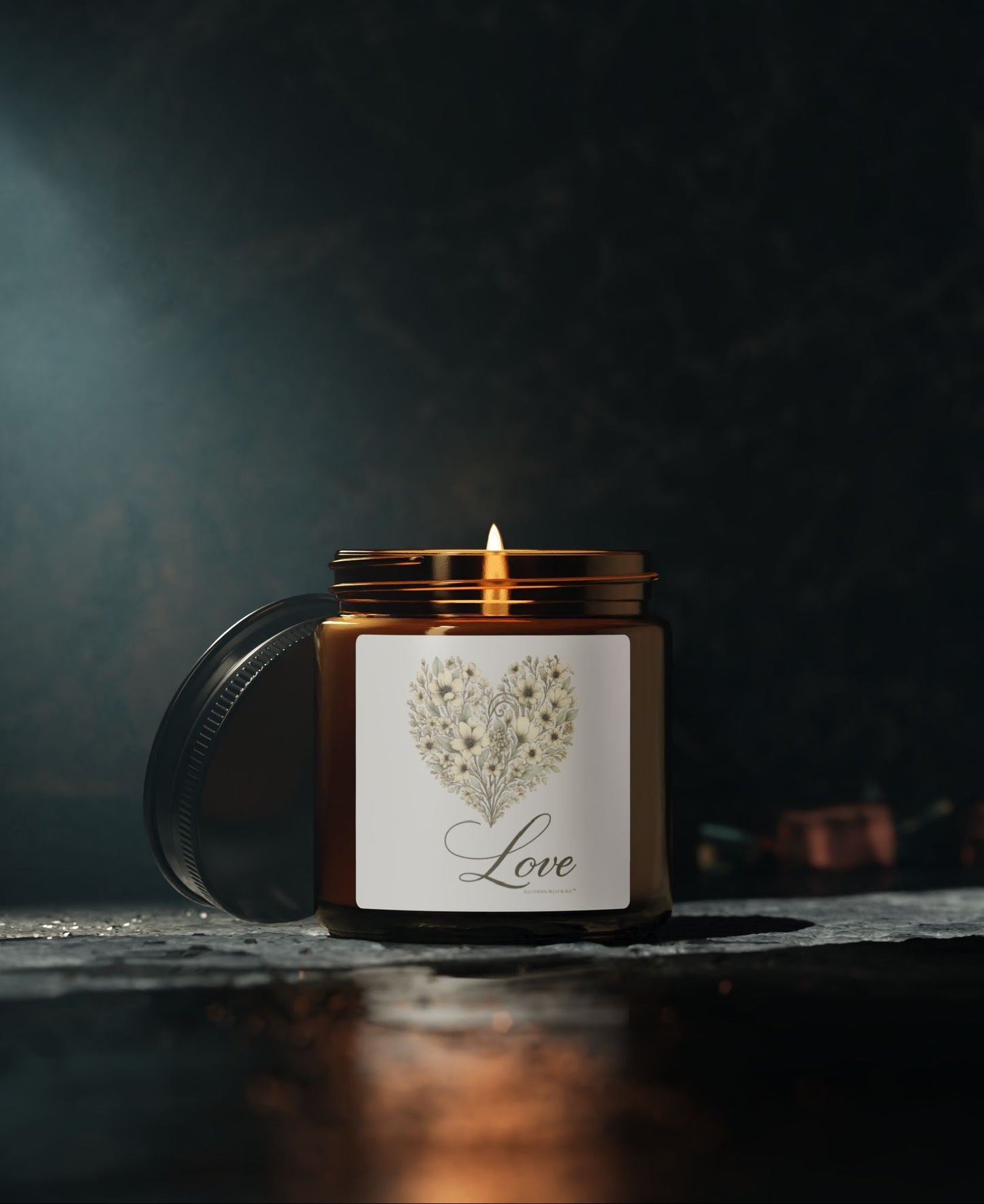Vintage Botanical Greenery Heart “Love” Soy Candle — Amber Glass Jar (4oz & 9oz) | Southern Belle & Sea™ - Southern Belle & Sea