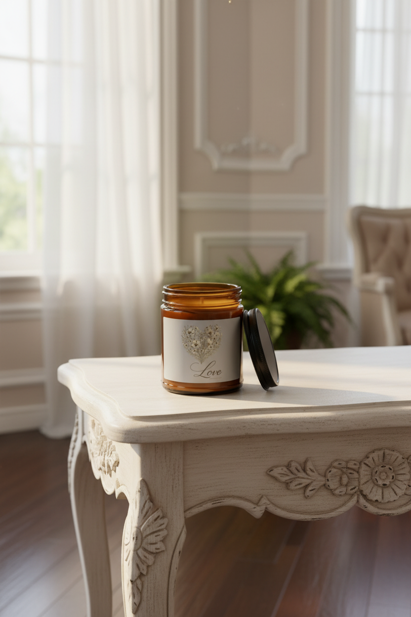 Vintage Botanical Greenery Heart “Love” Soy Candle — Amber Glass Jar (4oz & 9oz) | Southern Belle & Sea™ - Southern Belle & Sea