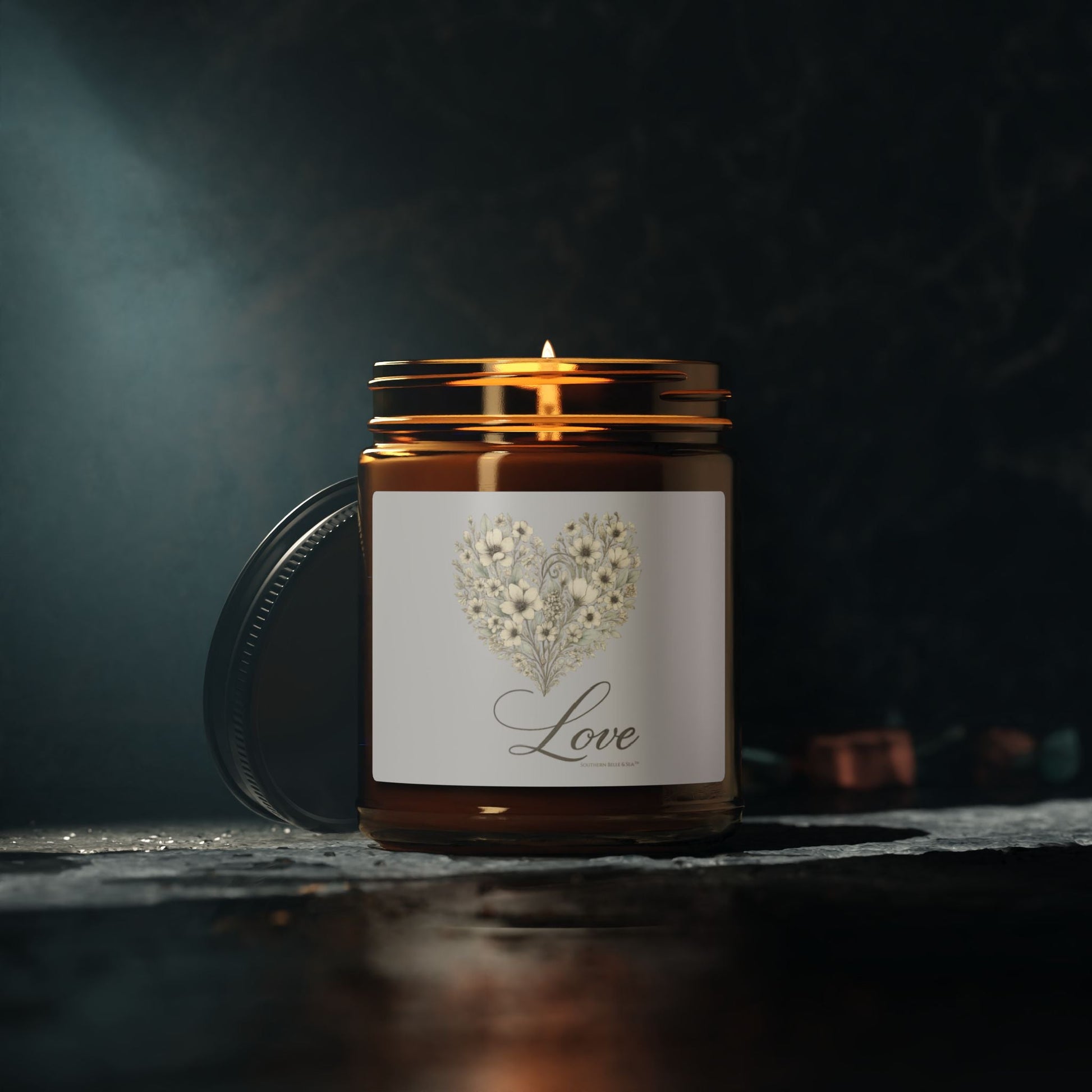 Vintage Botanical Greenery Heart “Love” Soy Candle — Amber Glass Jar (4oz & 9oz) | Southern Belle & Sea™ - Southern Belle & Sea