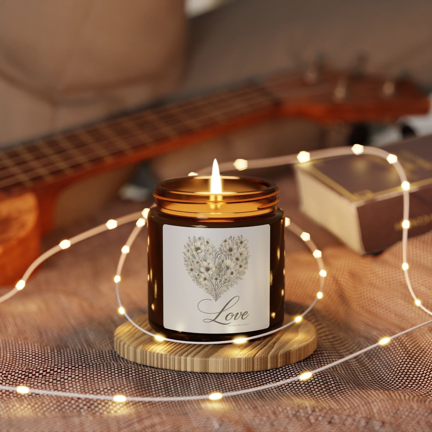 Vintage Botanical Greenery Heart “Love” Soy Candle — Amber Glass Jar (4oz & 9oz) | Southern Belle & Sea™ - Southern Belle & Sea
