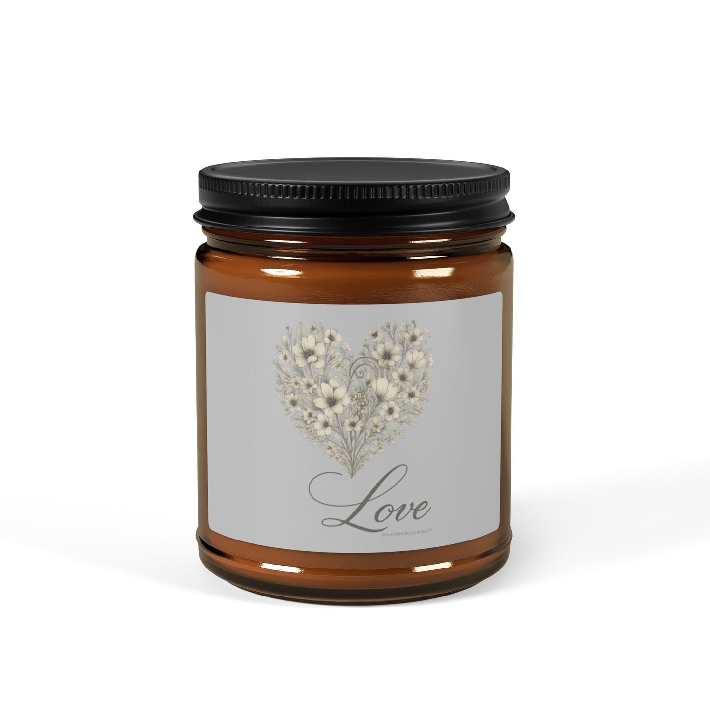 Vintage Botanical Greenery Heart “Love” Soy Candle — Amber Glass Jar (4oz & 9oz) | Southern Belle & Sea™ - Southern Belle & Sea