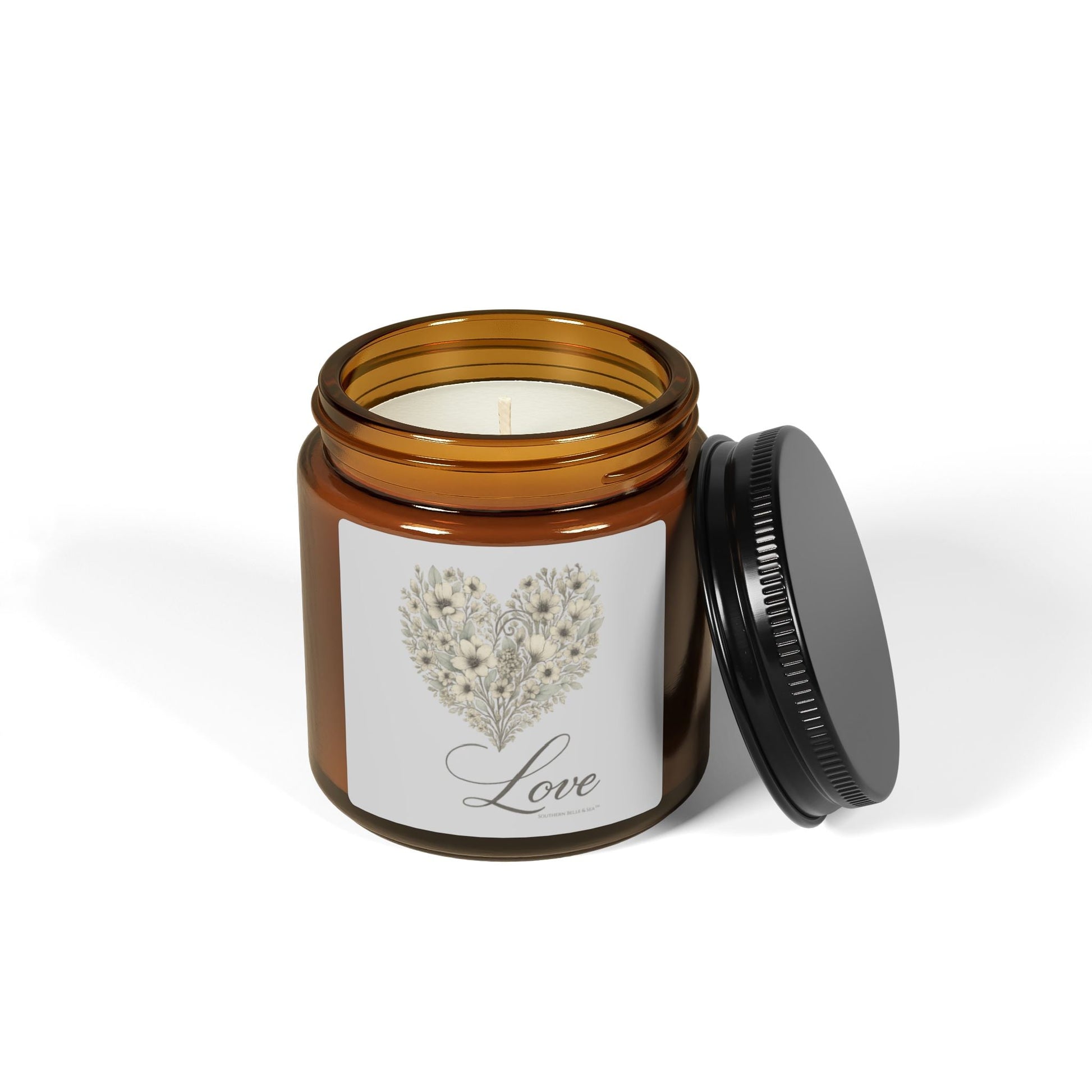 Vintage Botanical Greenery Heart “Love” Soy Candle — Amber Glass Jar (4oz & 9oz) | Southern Belle & Sea™ - Southern Belle & Sea
