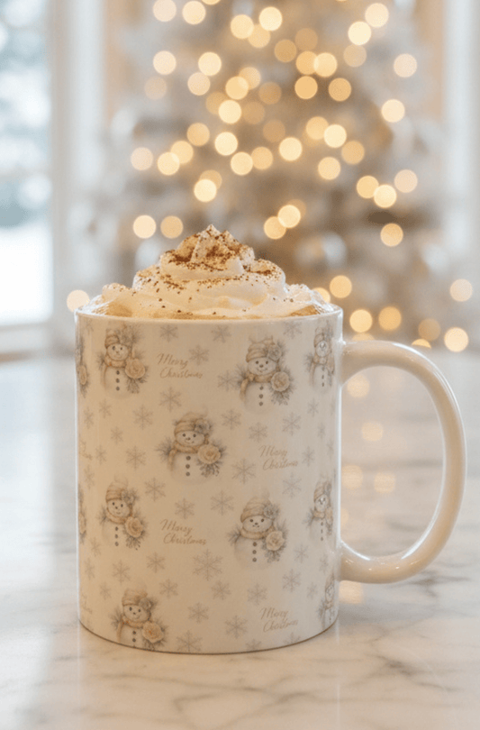 Vintage Snowman & Snowflakes Christmas Mug (11oz) — Snowman Christmas Collection — Cozy Winter Designs | Southern Belle & Sea™ - Southern Belle & Sea