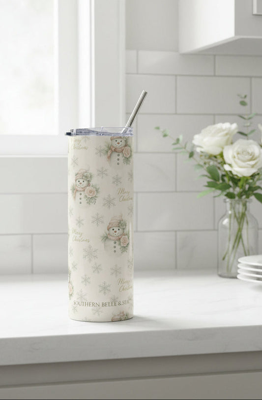 Vintage snowman and snowflakes 20oz tumbler front view – Southern Belle & Sea™