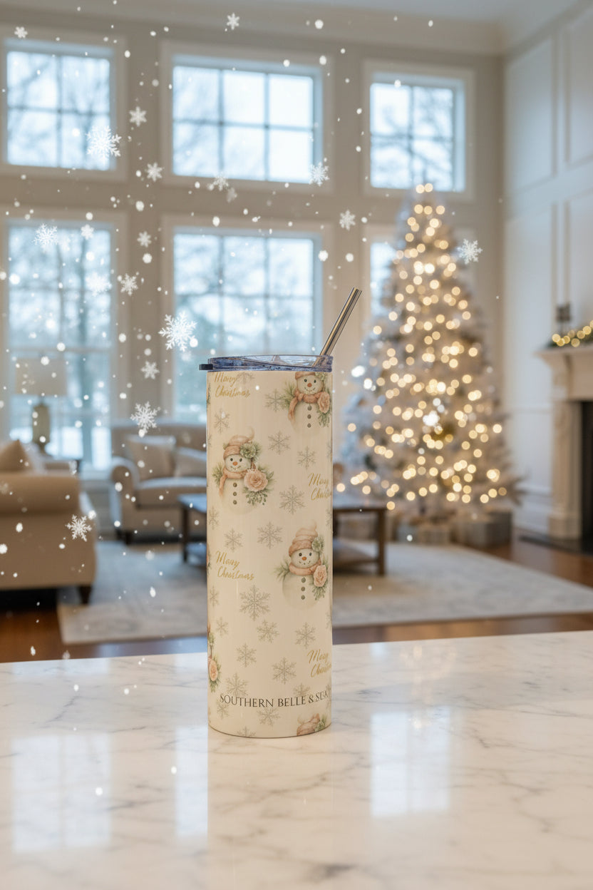 Vintage Snowman & Snowflakes Tumbler 20oz — Snowman Christmas Collection | Southern Belle & Sea™ - Southern Belle & Sea