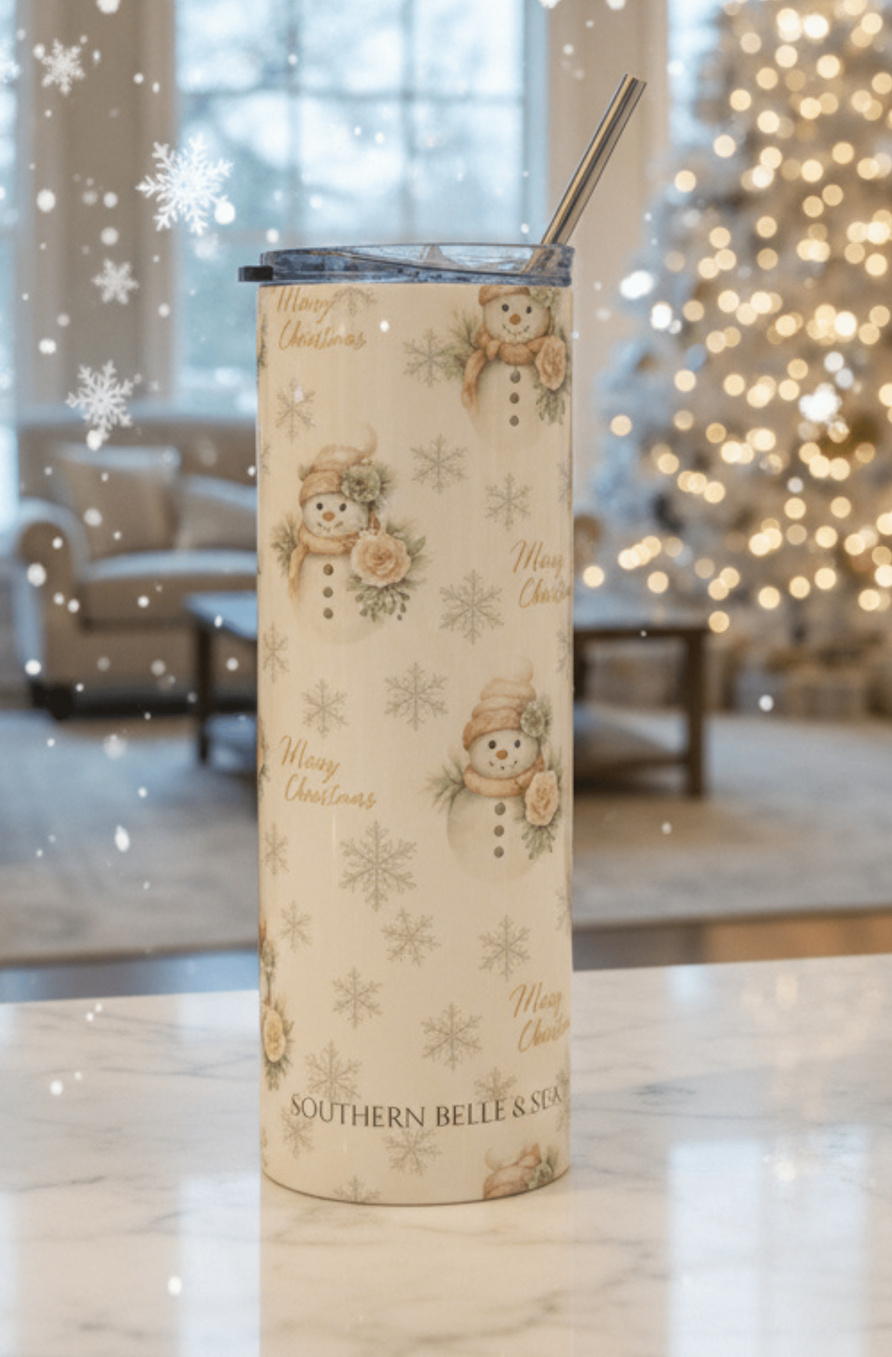 Vintage Snowman & Snowflakes Tumbler 20oz — Snowman Christmas Collection | Southern Belle & Sea™ - Southern Belle & Sea