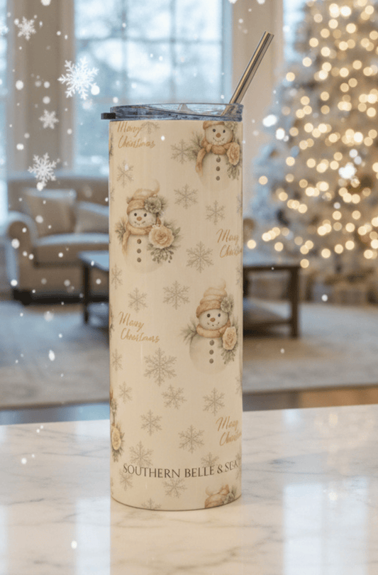 Vintage Snowman & Snowflakes Tumbler 20oz — Snowman Christmas Collection | Southern Belle & Sea™ - Southern Belle & Sea