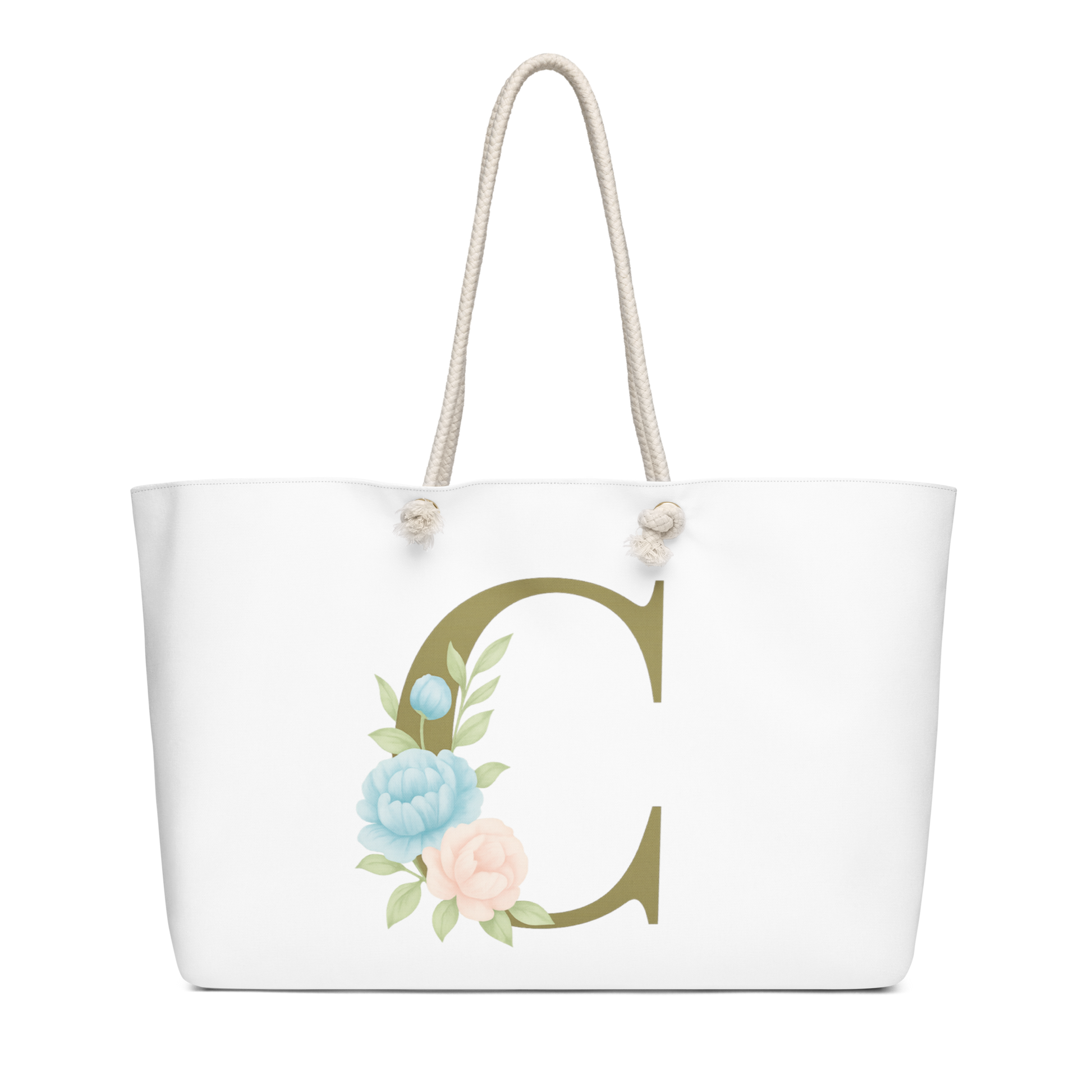 White tote bag with floral design and letter 'C' on a white background