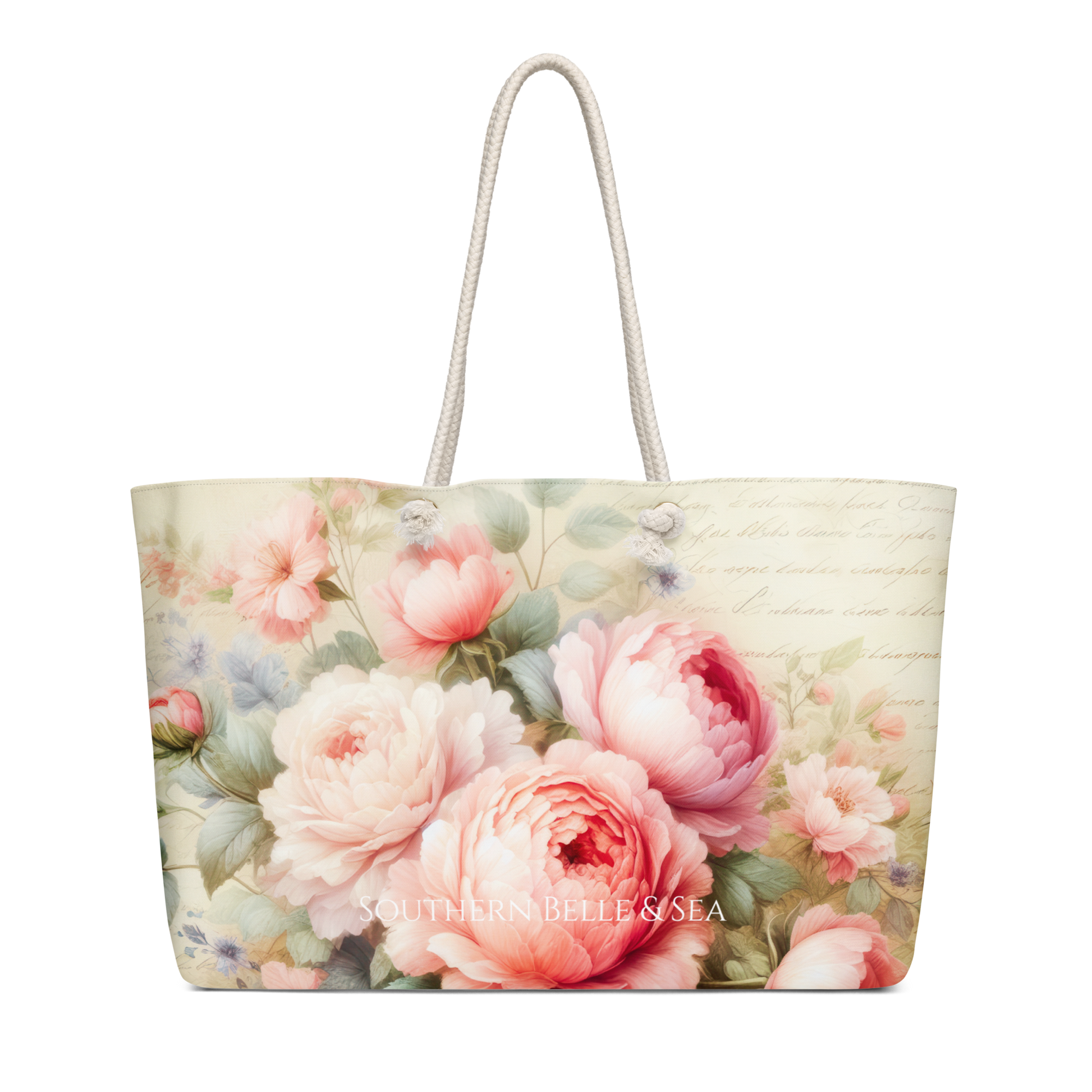 Side view of Pink Peonies Weekender Bag with soft rope handles and floral print – Southern Belle & Sea™