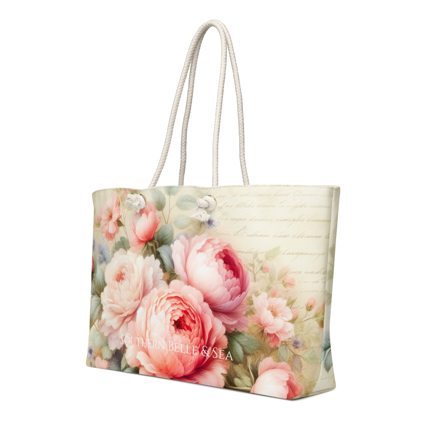 Front view of Pink Peonies Weekender Bag showcasing large pastel peony print – Southern Belle & Sea™