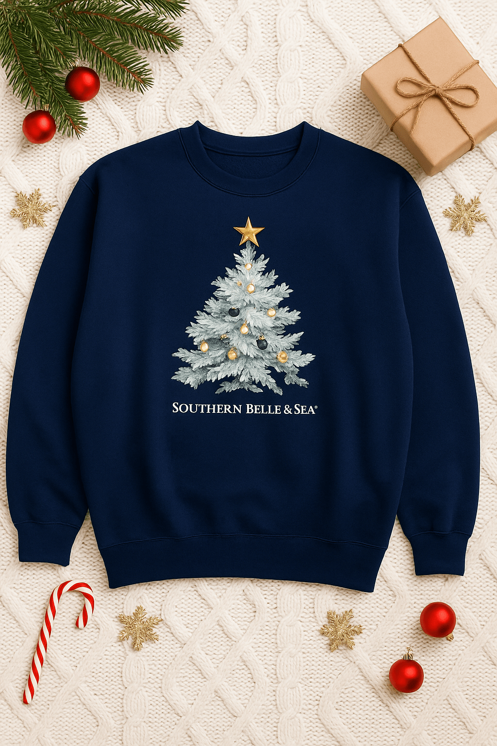 White Christmas Tree Sweatshirt – Cozy Holiday Crewneck (Navy) | Southern Belle & Sea™ - Southern Belle & Sea