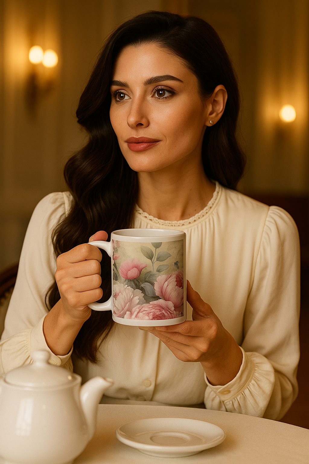 Elegant woman with long dark hair holding a floral mug during a tea moment, radiating vintage Southern charm.
