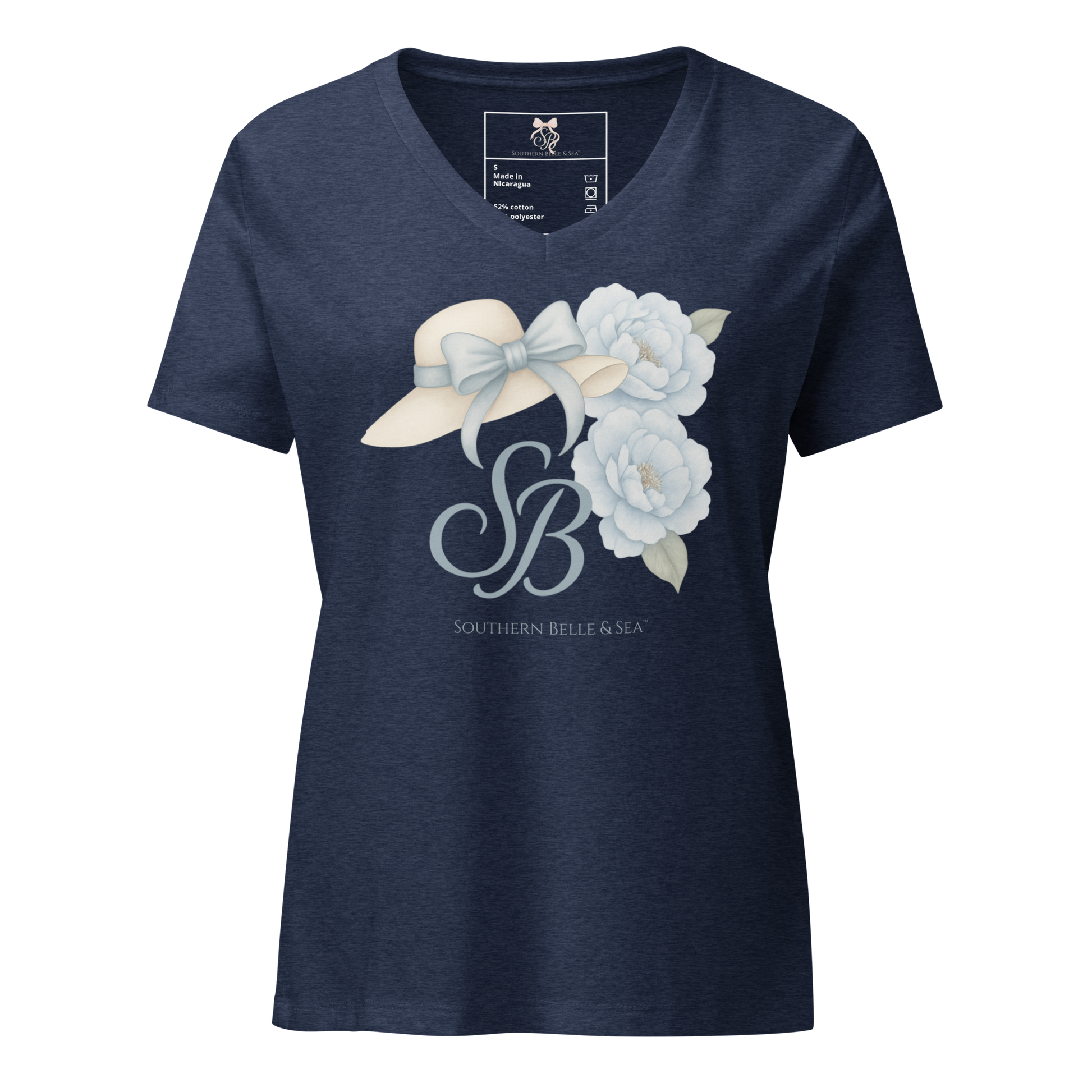 Southern Belle outfit inspiration – SB Blue Flower Shirt styled with pearls and wide-brimmed hat – feminine Southern style